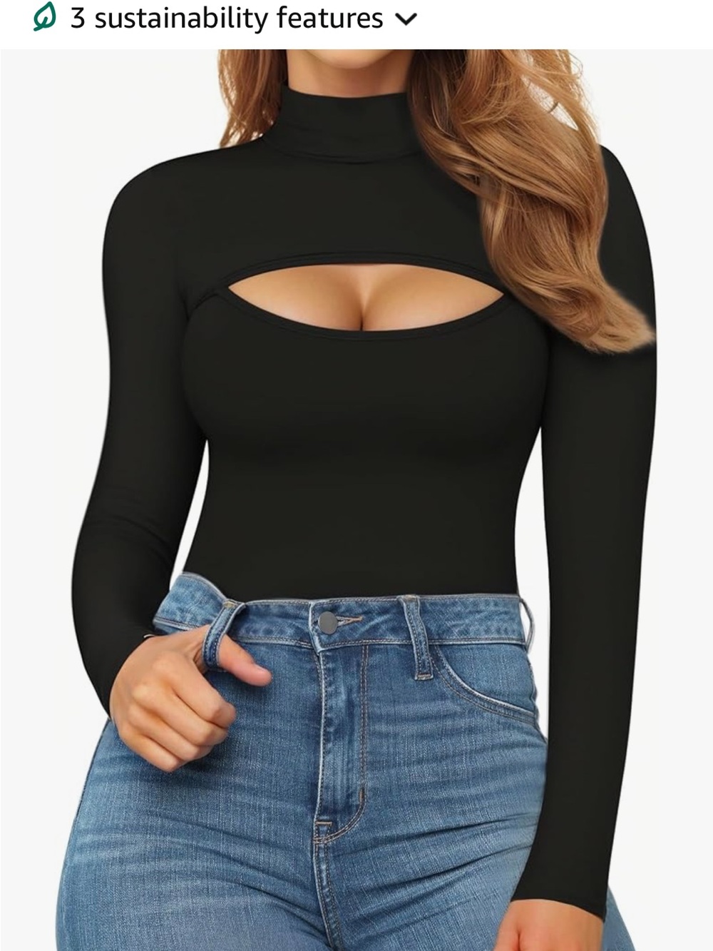 Women's Black Long-Sleeve Cutout Mock Neck Bodysuit